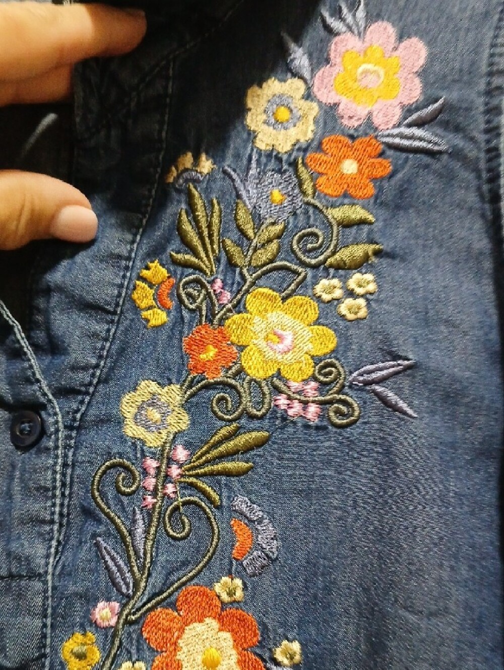 Sleeveless Denim Embroidered Floral Dress - Navy Blue - Picture 3 of 6